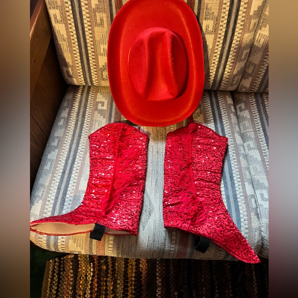 Costume red felt hat and red fringe cowboy boot shoe covers